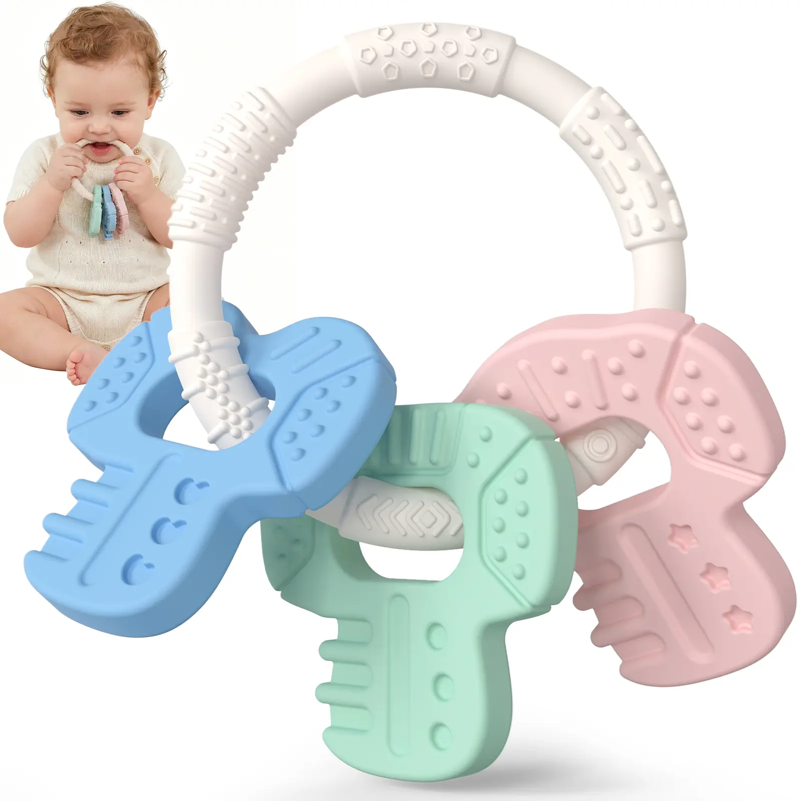 Baby Teething Toys Silicone Baby Keys Teether Over 3 Months - Sensory Chew Toys - Baby Teether for Teething Relief - BPA Free Infant Toys Baby Shower Gifts