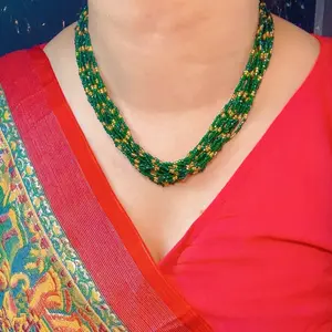 Green hydro Potey Short Length Neck Jewelry for Outfits - Green Beaded Necklace with Yellow Accents