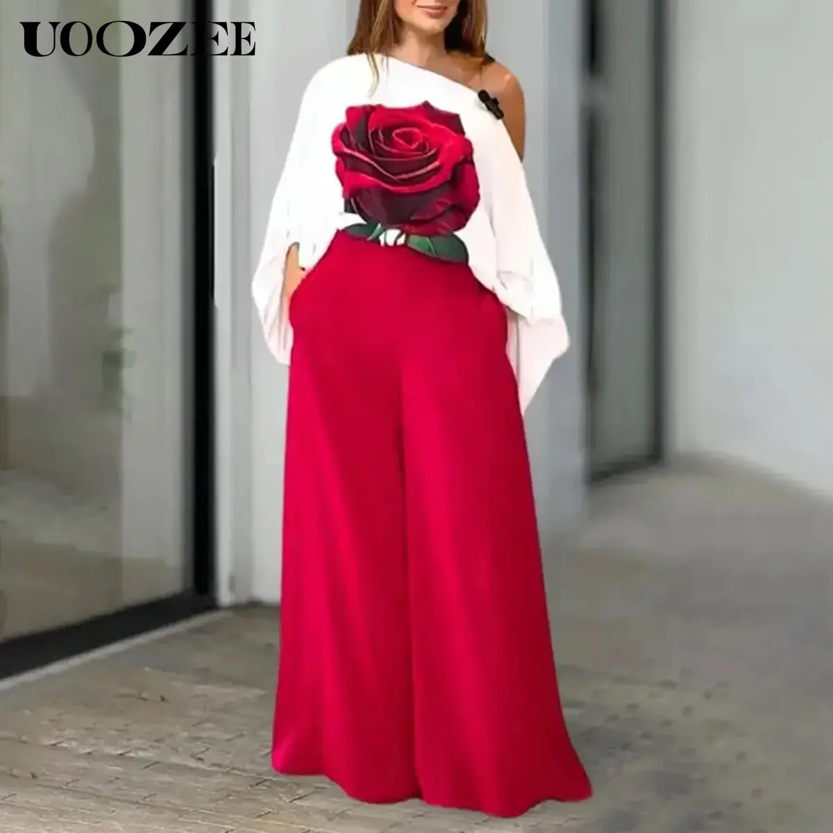 UOOZEE Women's Asymmetrical Single Shoulder Blouse, Long Sleeve Oversize Floral Print Polyester Casual Short Top with Pocket and Elastic Hem, Shirts, Lady, Round Neck, Slit Pockets, Elegant, Basic, Oversized, Loose-Fitting, Hand Wash Only