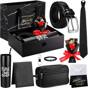 10 Pcs Men Birthdays Gift Set with Box for Men Skinny Acrylic Tumbler with Lid PU Leather Wallet Tie Belt Keychain Bouquet Bracelet Toiletry Bag Greeting Card Set(Dad)