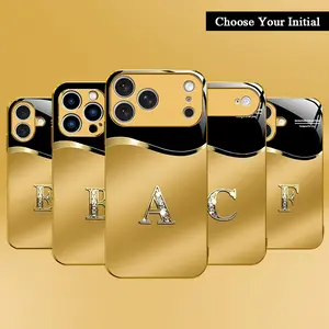 New High-End Gold Letter Glass Mobile Phone Case for iPhone 17Pro Max Air 16 15Plus 14 13 12 11 XR XS Luxury Black Gold Initial Phone Case Personalized Monogram Case with Diamond Texture Exclusive Customization Anti-Drop Anti-Fingerprint NN77