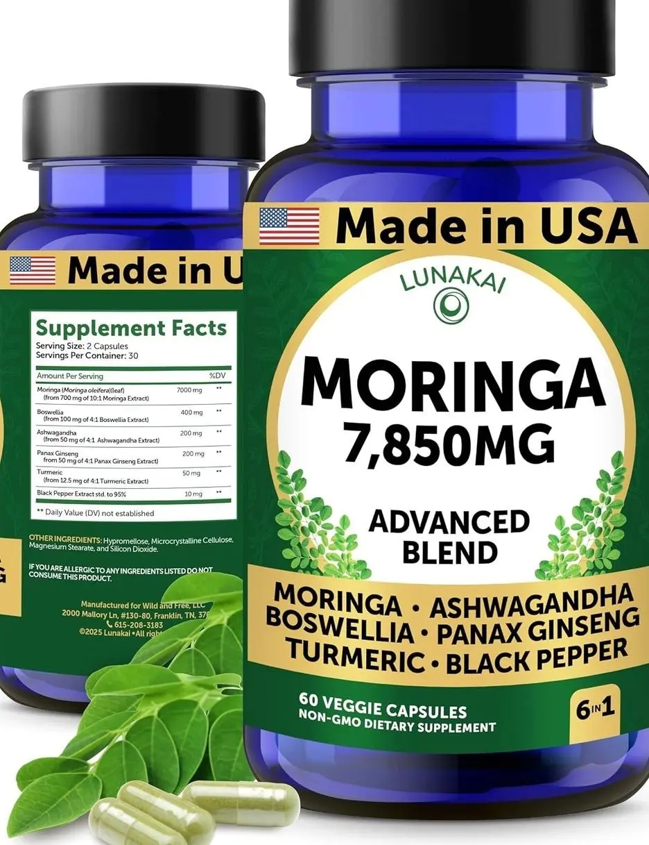 Lunakai USA Made Pure Moringa Capsules – Advanced Moringa Leaf Extract Supplement with Ashwagandha, Boswellia, Ginseng & Turmeric, 60ct