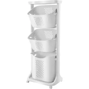 Rolling Laundry Hamper Storage Sorter, 3 Tier Rolling Laundry Hamper Cart White Laundry Baskets with Wheels for Kitchens Bathrooms Bedrooms Classrooms Laundry Rooms