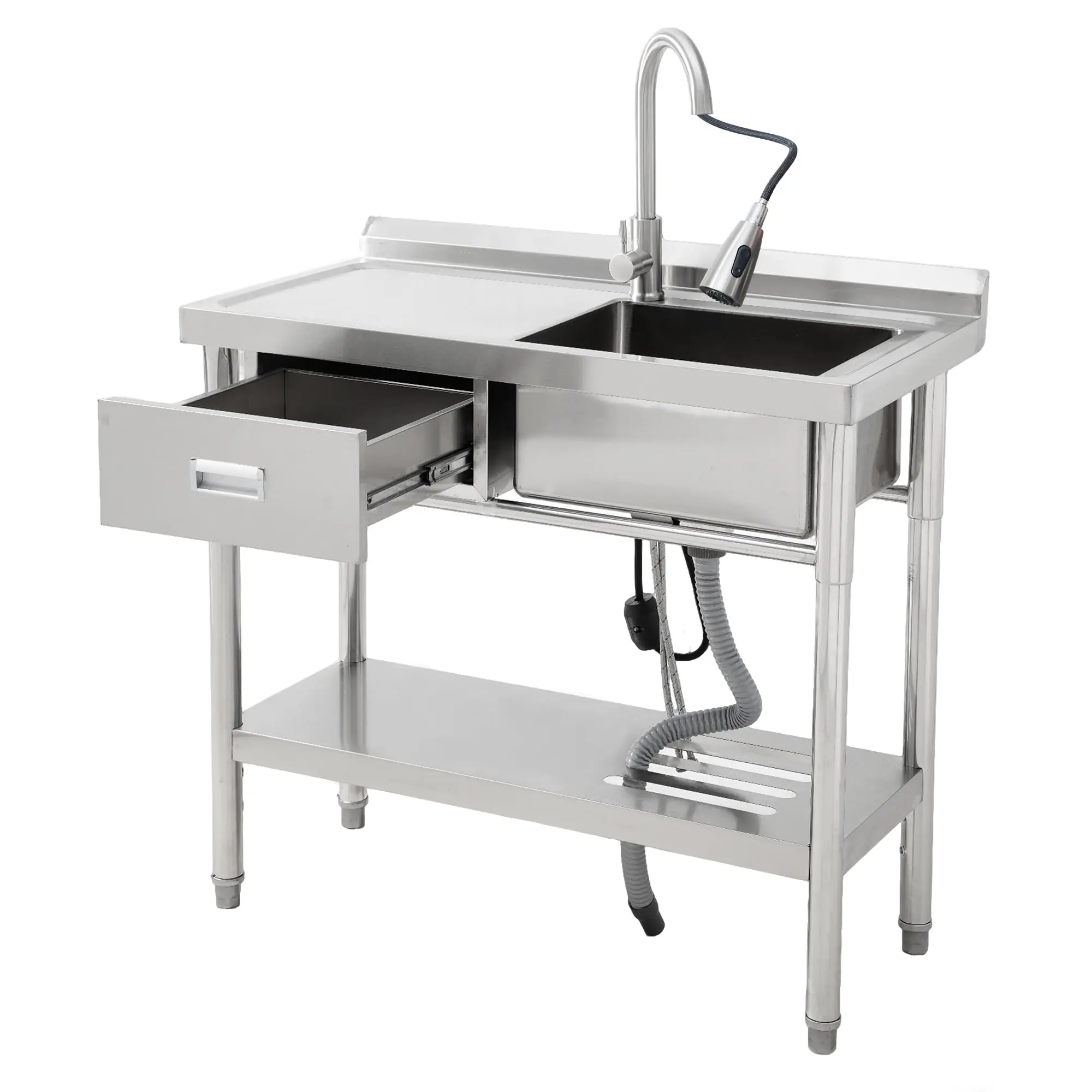 Stainless Steel Utility Sink with Cold/Hot Water Pipe, Freestanding Single Bowl Kitchen Sink with Faucet, Legs, Storage Rack, for Kitchen, Garage, Outdoor Garden, Backyard, Restaurant, Industrial Use