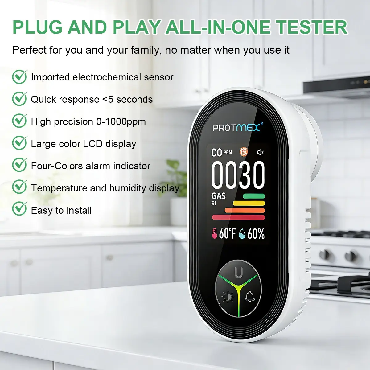 4-in-1 Display Remind,Plug in with Temperature HumiditySensor Built-in,with ClearDisplay Sound &Light for Homes,Kitchens,Apartments,RVs
