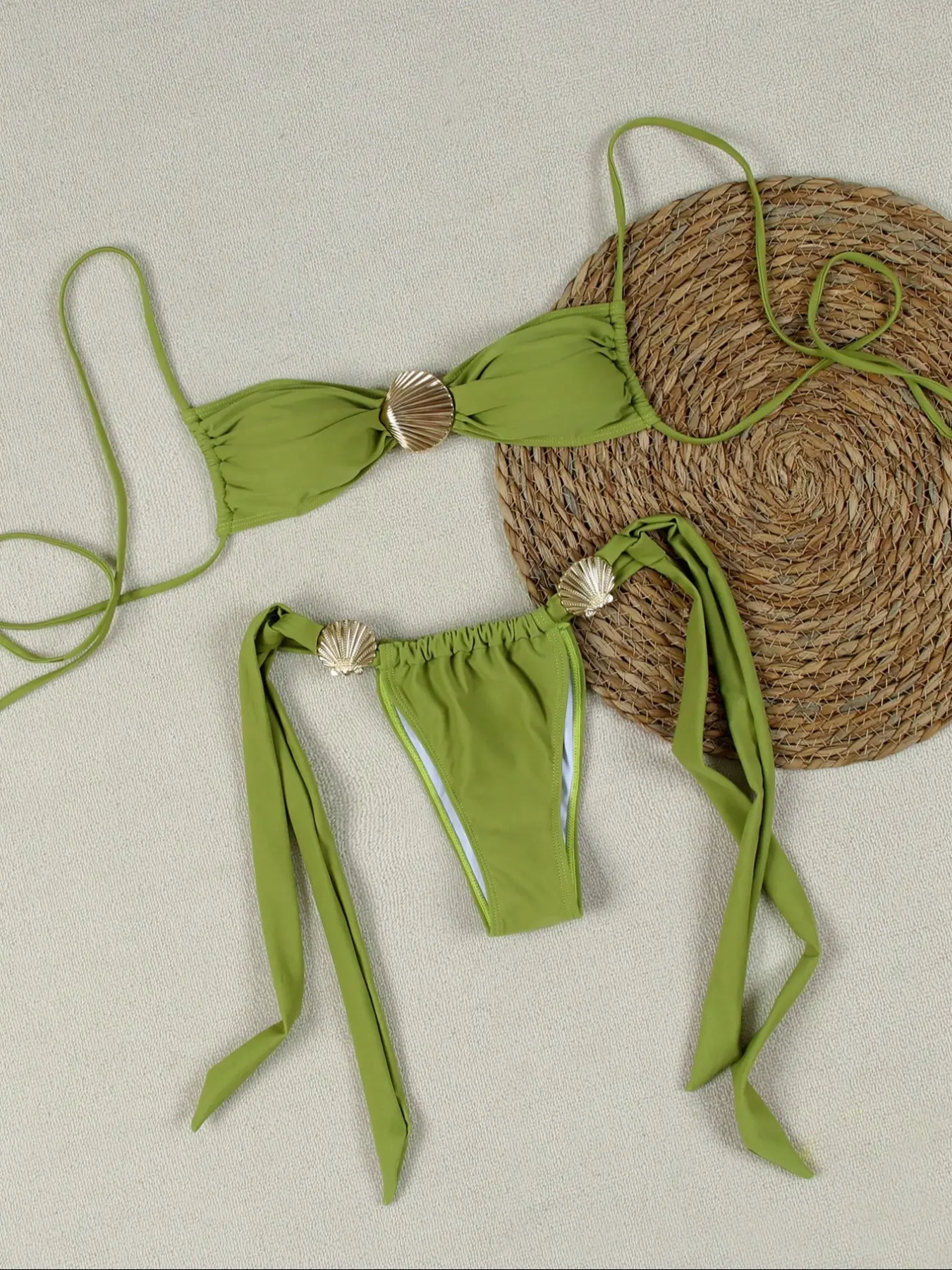 Olive Shell Buckle Summer Beach Bikini Set, French Vintage Vacation Style, Fan Shape Metal Buckles, Adjustable Straps, Summer Swimsuits, Bikini Beach Wear