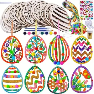 24pcs DIY Wooden Easter Egg Craft Kit – Paint Your Own Colorful Egg Ornaments, Includes Unfinished Wooden Eggs with Floral and Zigzag Patterns, Glitter, Ribbons, and Twine for Youngsters & Adults, Ideal for Spring Classroom Activities and Home Crafting