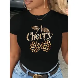 WOMEN'S stylish cherry leopard graphic T-shirt-casual polyester knit geometric pattern round neck short sleeve top