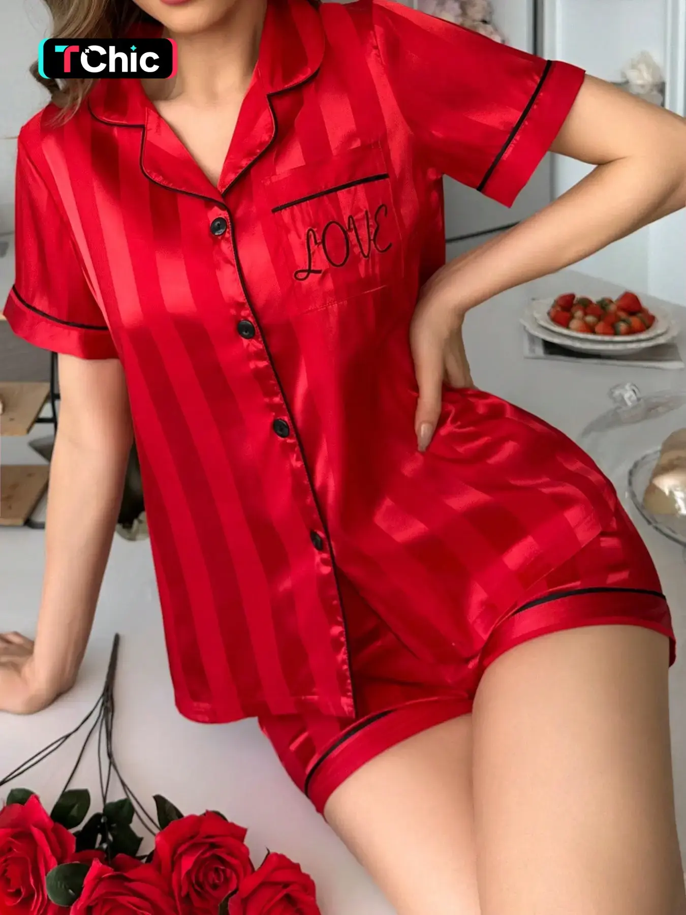 Women's 2-Piece Satin Pajama Set, Short Sleeve Pockets Top & Bow Shorts, Casual Chic Loungewear, Comfortable Sleepwear