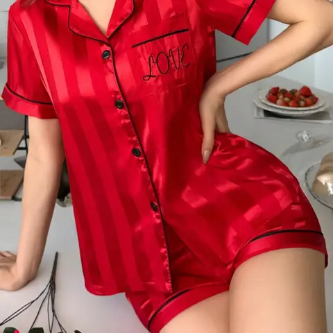 Women's 2-Piece Satin Pajama Set, Short Sleeve Pockets Top & Bow Shorts, Casual Chic Loungewear, Comfortable Sleepwear, Casual Pyjama Set