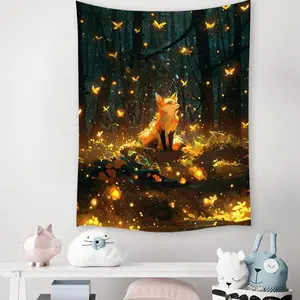 Fox & Butterfly Forest Pattern Tapestry, Wall Hanging for Bedroom, Living Room, Dorm, Party Decor, Washable Aesthetic Tapestry with Hemmed Edges