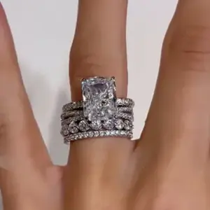 Solarii Glossy Radiant Cut 3PC White Stone Engagement Ring – 5A Cubic Zirconia CZ, 925 Sterling Silver, Perfect for Daily Wear for Women – Look at This, Refresh Your Look, Find Your Perfect Travel Suit