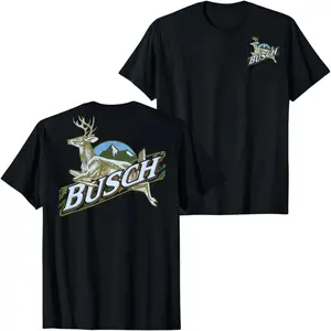 Busch Beer Deer Mountain Graphic T-Shirt, Vintage Hunting Buck Logo Back Print Tee, Outdoor Wildlife Design Black Unisex Streetwear Casual Summer Shirt