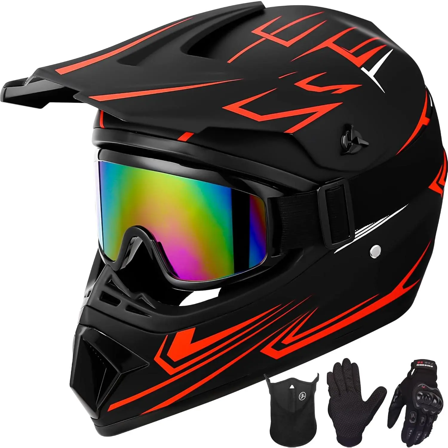 Youth & Adult Motocross Helmet, 4-Piece Sporty ABS Protective Gear Set with Goggles, Gloves & Mask for Off-Road Dirt Bike, ATV, BMX, Polypropylene, S, Unisex, Removable Visor, Aerodynamic, 4 Pieces, Eps Liner, Multi-Size