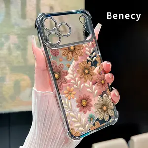 Clear Four Corners Anti-drop Phone Case For iPhone 17 Pro Max 16 15 Plus Air 14 13 12 11 E Protective Cover Floral Printed Shockproof Cellphone Casing