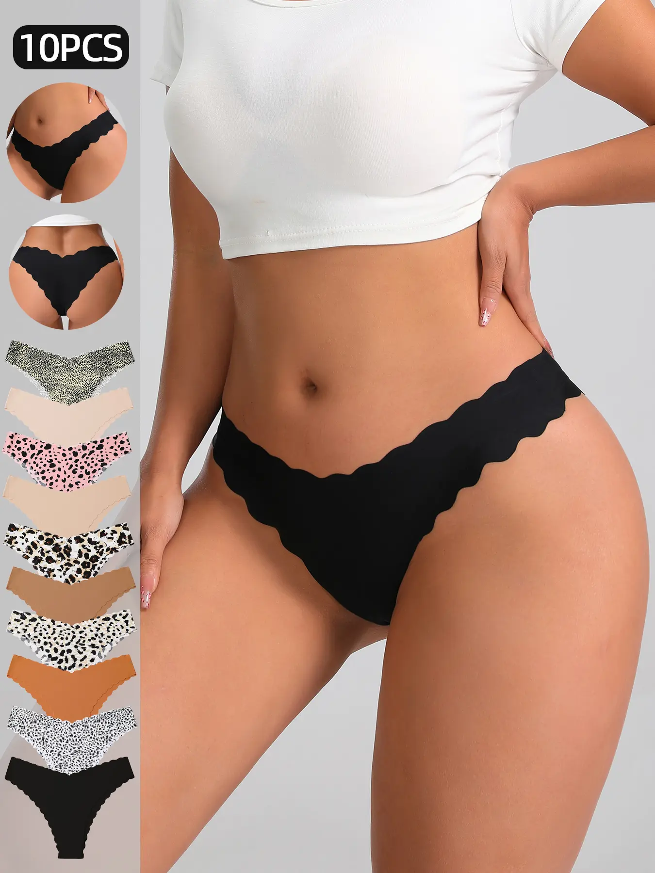 Women's Underwear Set, Pure Color & Leopard Pattern, Seamless Fitted Smooth Casual Chic Design, Breathable Comfort, Natural Waist Line, All Season Wear, Panties, Lingerie, Daily Casual Underwear