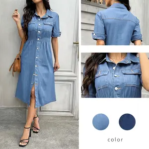 AprPith Trendy Denim Button - down Midi Dress for Women - Short Sleeves - Flattering Fit