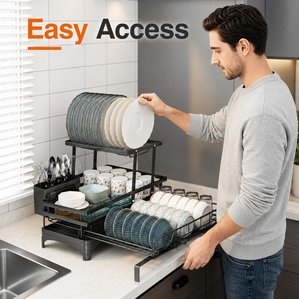 【Summer Deals】 Foldable Over Sink Dish Drying Rack  Pull-Out 2-Tier Dish Drainer with Utensil Holder  Space Saving Kitchen Organizer for Small Kitchens