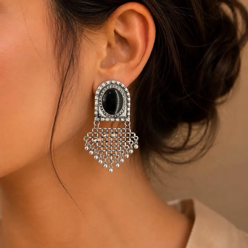 Women's Long Traditional Oxidized Silver Jhumka Earrings - Ethnic Pattern, Gem-Embellished Festive Dangling Jewelry with Black Stone Lattice Work, Ethnic Pattern Earrings, Gem-Embellished Earrings