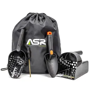 ASR Outdoor 5pc Metal Detecting Tools Kit with Drawstring Backpack, Coin Probe, and 9" Sand Scoop with 78 Holes for Dirt and Sand Digging