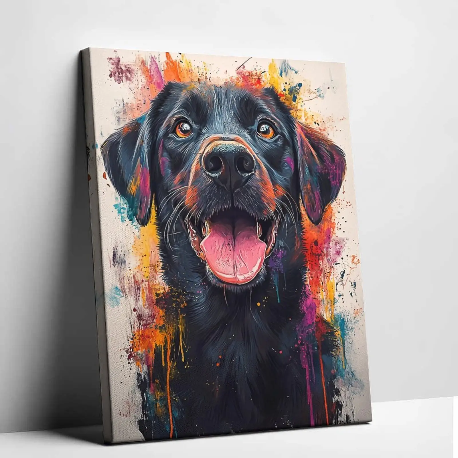 Vibrant Rottweiler Dog Canvas Print - Artistic Colorful Neon Pet Portrait, Contemporary Splash Ink Print Design, Room Wall Hanging Decoration for Office Studio, Ideal Home Decor Gift, Vibrant Print