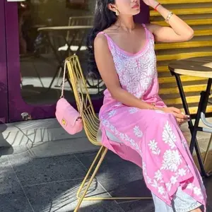 Women premium rayon  strap  kurti with lucknowi work Indian casual chikankari set comes with pants