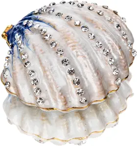 2.3inch Seashell Figurine Trinket Box Hinged Crystals Jeweled Painted Enameled Collectible Ocean Jewelry Box(Dark Blue) Christmas Gift