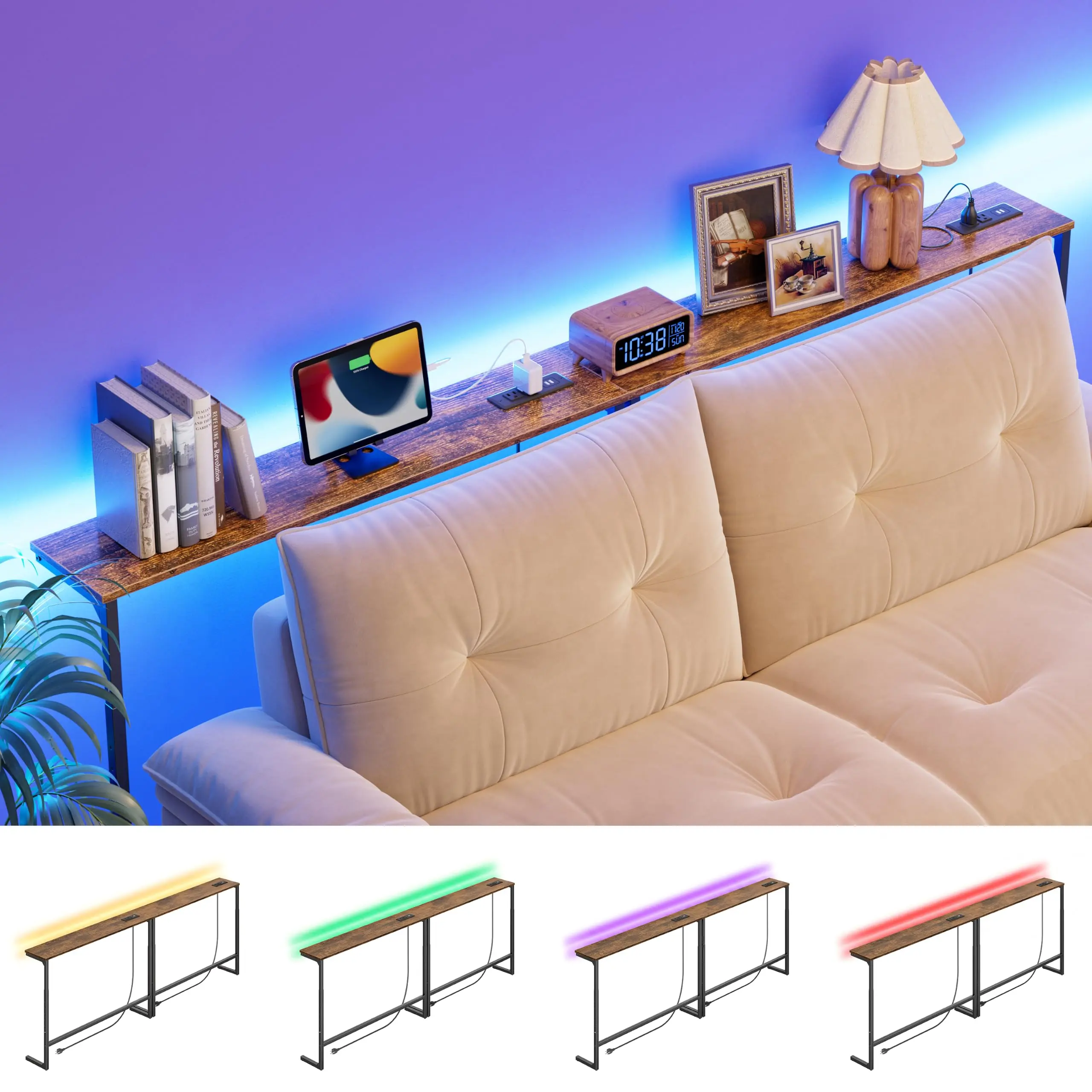 Skinny Sofa Table Behind Couch, Narrow Console Table 79.7" Long Entryway Table with 2 Power Outlets & Adjustable Height (25.6"-35.1"), for Living Room, with LED Lights, Rustic Brown