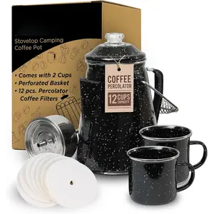 Toughty Enamel Coffee Percolator - Stovetop Coffee Maker for Camping, Open Fire, Grill, or Stove - Vintage Coffee Pot - Durable Old-Fashioned Metal Percolator w/ 2 Cups & 12 Coffee Filters - Black