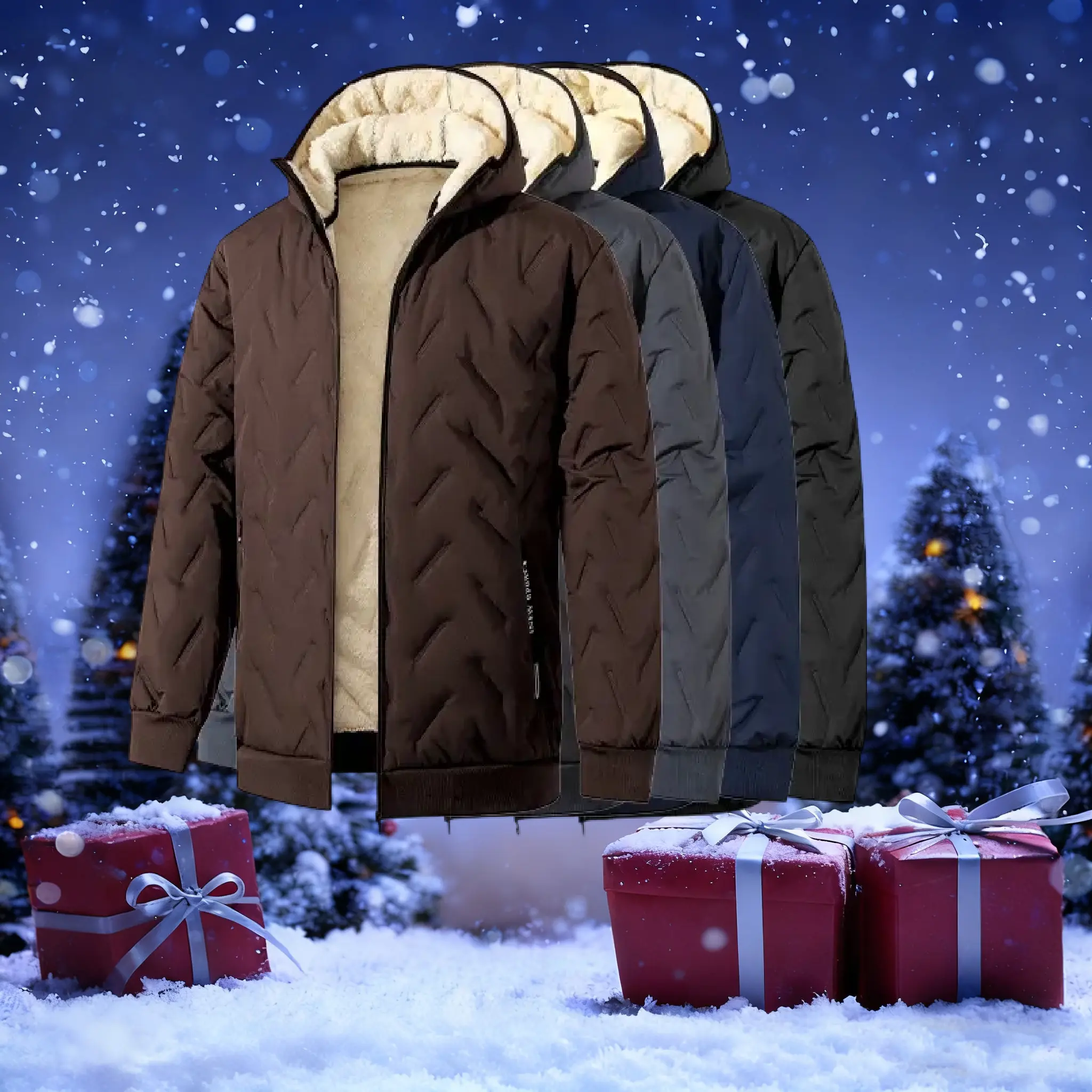 Autumn/Winter Gear Men’s Thick Ribbed Fleece-Lined Quilted Thermal Hooded Winter Parka – Heavyweight Insulated Cotton Blend Zip-Up Coat with Layering Option for Cold Outdoor Use, Simple Design Fabric Fashion