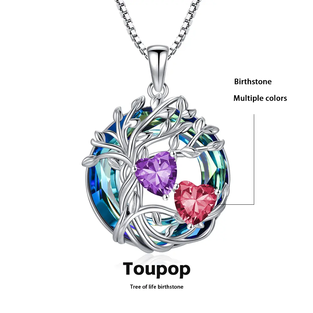 Family Tree of Life Pendant Necklaces for Women 18k White Gold Plated 925 Sterling Silver 2 Heart Birthstone Necklace with Created Austrian Crystal Jewelry Valentines Day Christmas Gifts for Women Her Wife Girlfriend Mom