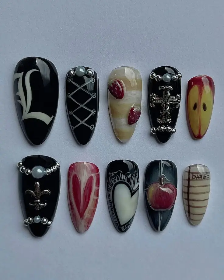 Death Note Inspired Press On Nails, Gothic Anime Handmade Fake Nails, Ryuk Apple L Cross 3D Almond Nail Art with Nail Kit | Free Adhesive Tabs Nail File & Cuticle Stick
