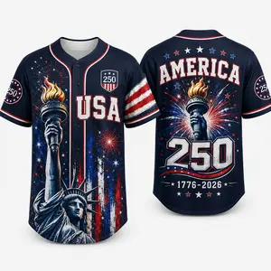 2026 USA 250 Navy Button Down Baseball Jersey for Men, Statue of Liberty Torch Graphic, America 250 Back Print, Fireworks Stars, Short Sleeve Patriotic Baseball Top for July 4th Game Day