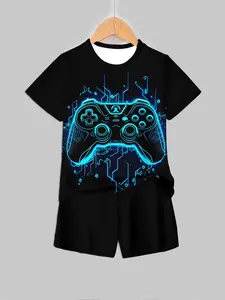 Cyber Gaming Controller Printed Short Sleeve Shorts Set, Summer Breathable Casual Two-Piece Set, Asymmetrical Design, Natural Waist
