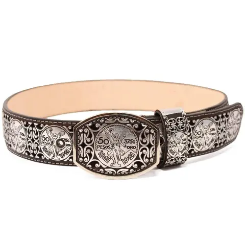 Adults' Genuine Leather Cowboy Waist Belt - El Centenario Original Silver Design, Durable Western Cowboy Belt with Fashionable Metal Buckle