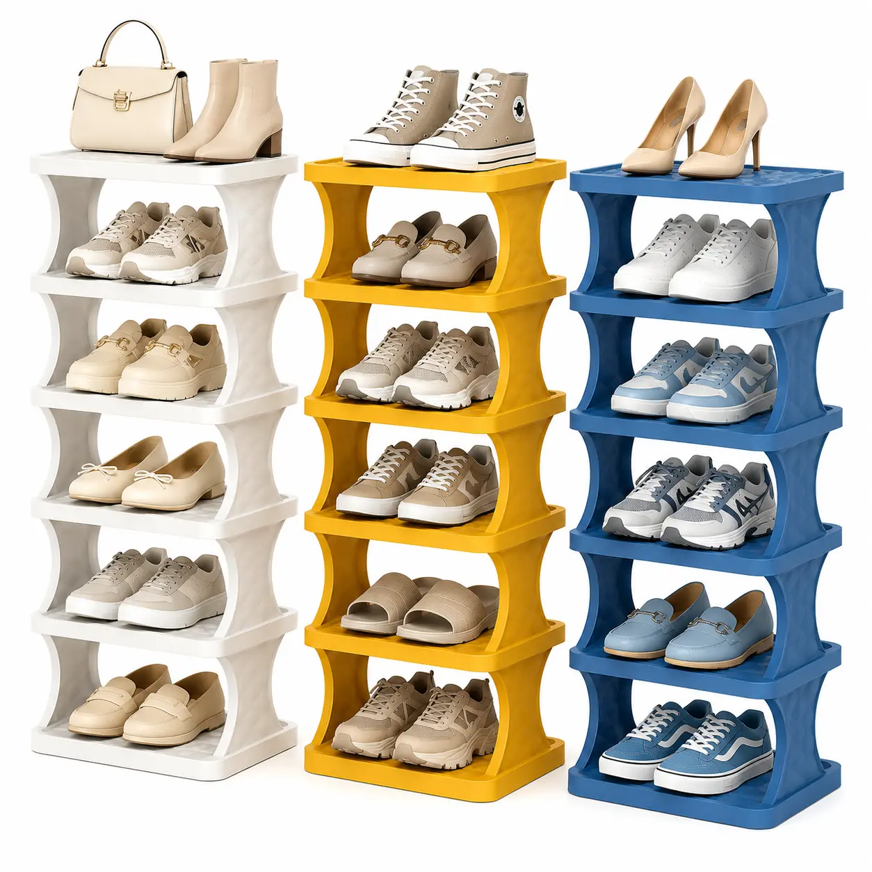 Vertical Shoe Rack 3/4/6 Tier, Narrow Free Standing Shoe  for Closet, Entryway & Bedroom, Tall Plastic Narrow Shoe Rack for Small Spaces, Stackable Shoe  & Easy to Assemble (White/Yellow/Blue)   organizer   storage cabinet tall shoe rack