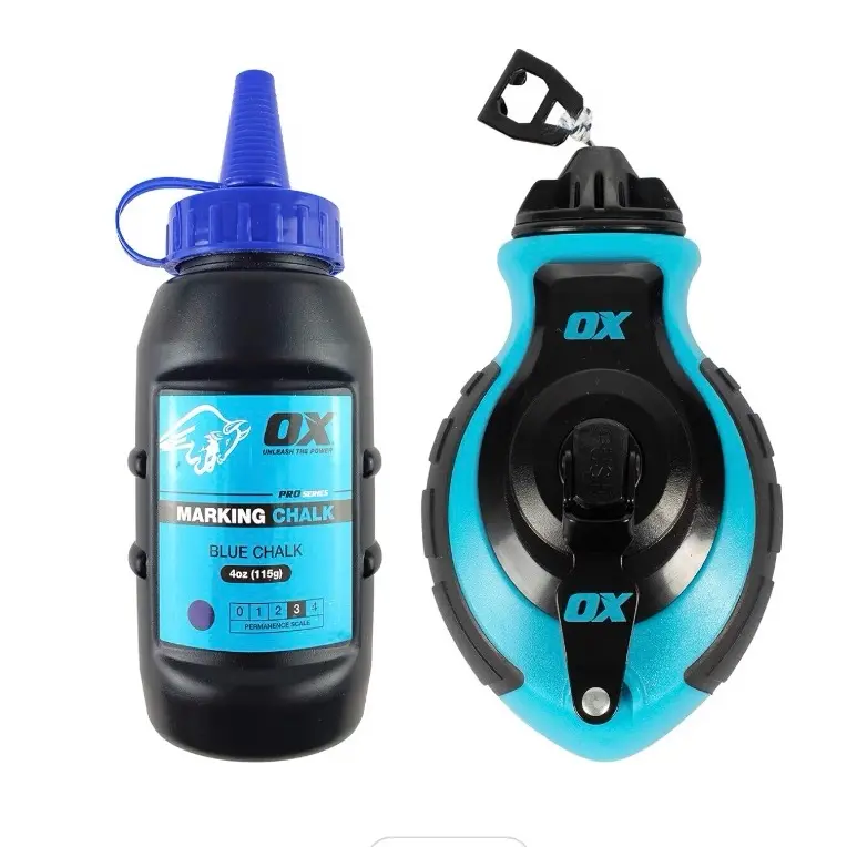 OX Tools Professional Chalk Line Reel & Chalk Powder Combo Pack, 6-to-1 gear ratio, 100' 8 Strand Strong compact chalk line and Blue Chalk Powder | P503502