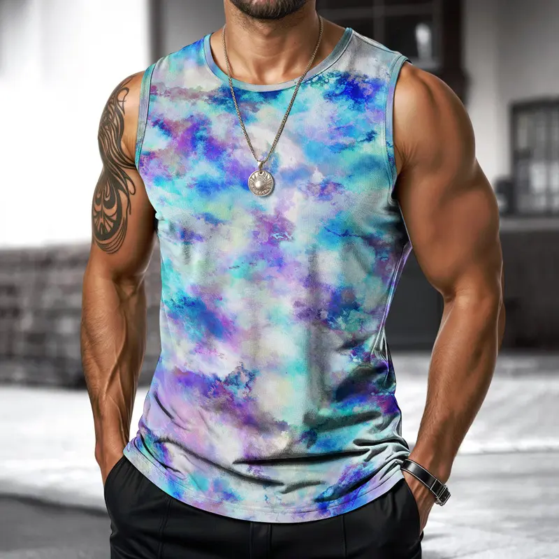 basketball vest 2025 Men's New Summer Color Ink Splashing Style Outdoor Sports Round Neck Loose Sleeveless Vest