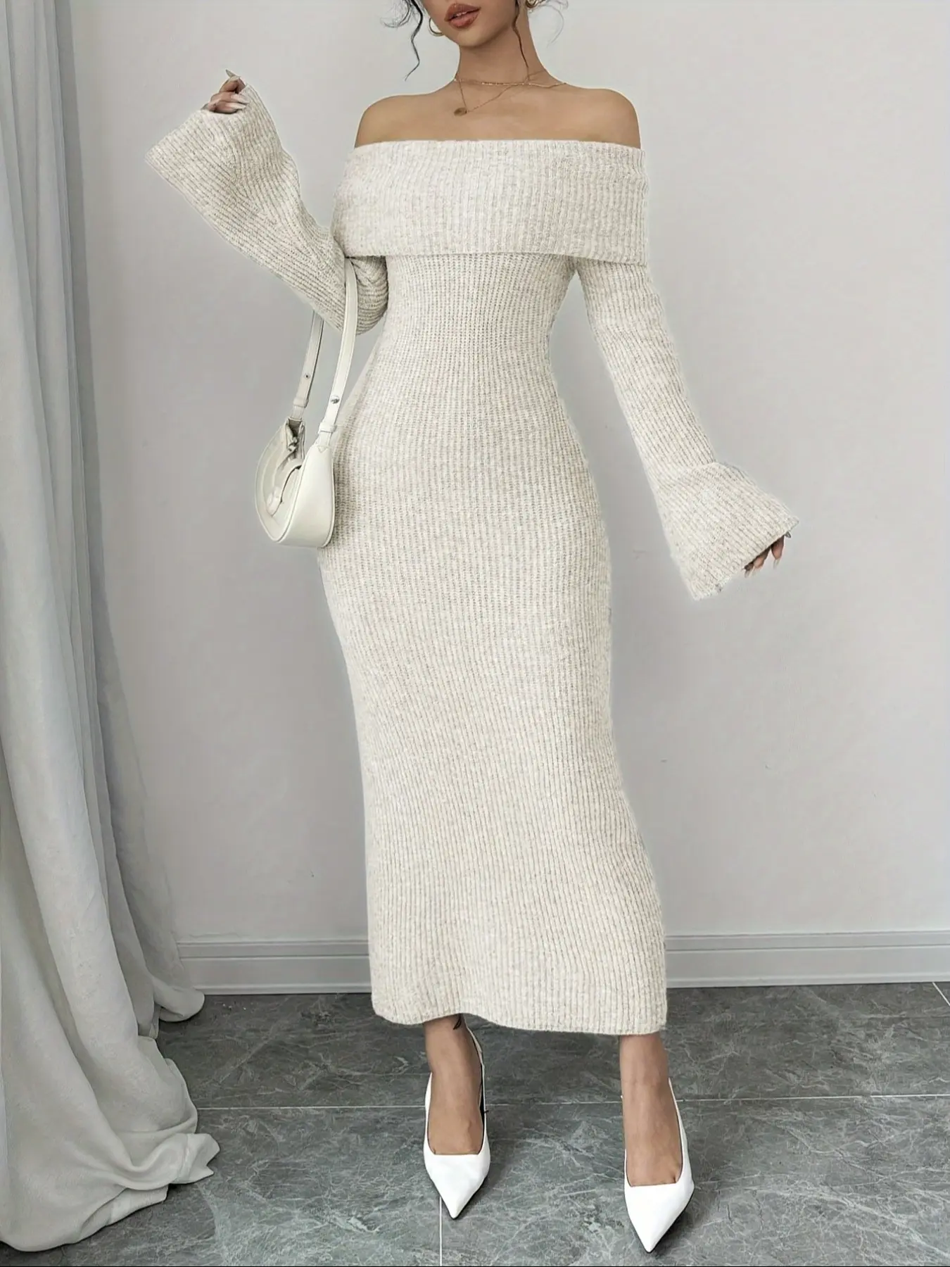 Women's Solid Off Shoulder Bell Sleeve Knitted Dress, Elegant Long Sleeve Bodycon Maxi Dress for Party Holiday Date Night, Ladies Sweater Dress for Winter