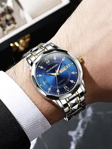 Men's Watch Luminous Dial Dual Date Quartz Casual Trendy Wristwatch Steel Band, Night Glow Analog Display, Ideal for Daily Wear & Travel