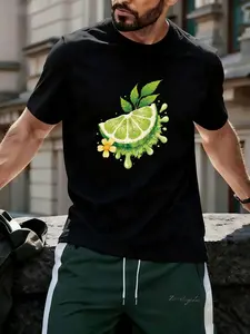 Fresh Lime Slice Graphic Print Men's T-Shirt - 100% Cotton Short Sleeve Crew Neck Tee, Super Soft Breathable Summer Casual Top with Vibrant Green Leaves and Juice Splashes Design, Perfect Gift for Friends and Family