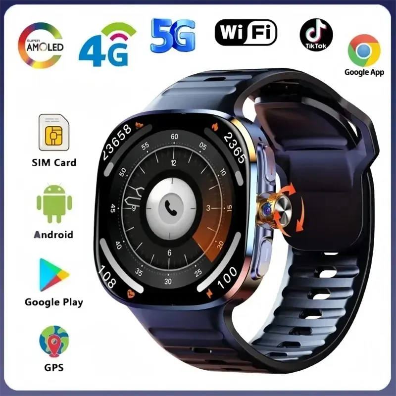 2025 New Original M99 4G Android Smartwatch Wristwatch - 2.4in AMOLED Screen, 190° Rotary Camera, GPS, NFC, WiFi, SIM Card Support, Video Calling, Playstore Access, Chargeable, Fitness Tracking, Contacts Sync - Bluetooth Wearable for Men, Greek Users