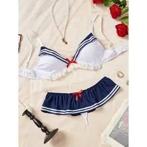 Nautical-Inspired 2-Piece Lingerie Set with Ruffle Detailing & Bow Accents for Women - Polyester, Comfortable & Multicolor Design Fabric Womenswear plus size clothes clearance Sneaky lingerie