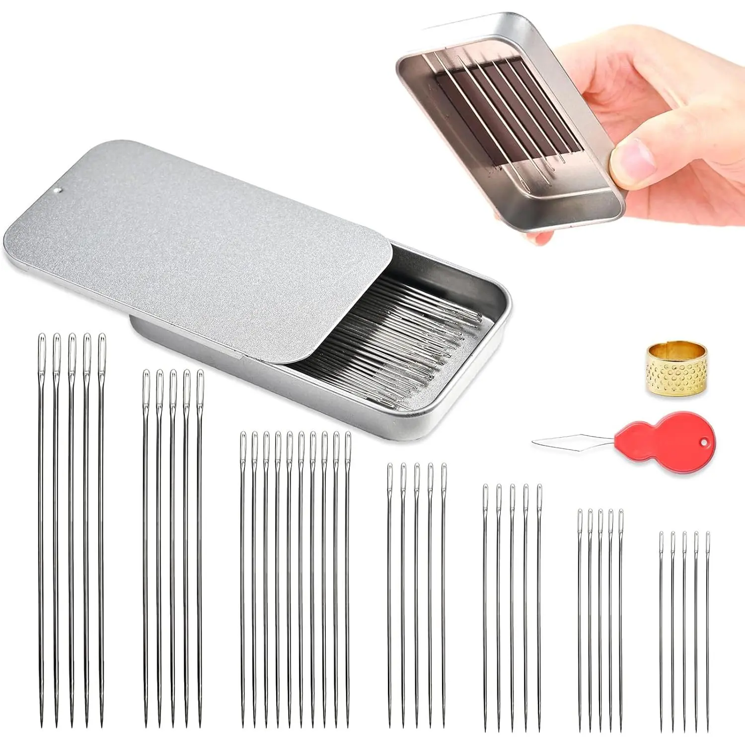 40-Count Hand Sewing Needle Set - 7 Sizes Stainless Steel Large Eye Needles with Threader & Pin Cushion, for DIY Fabric, Synthetic, Leather Goods & Home Decor Projects