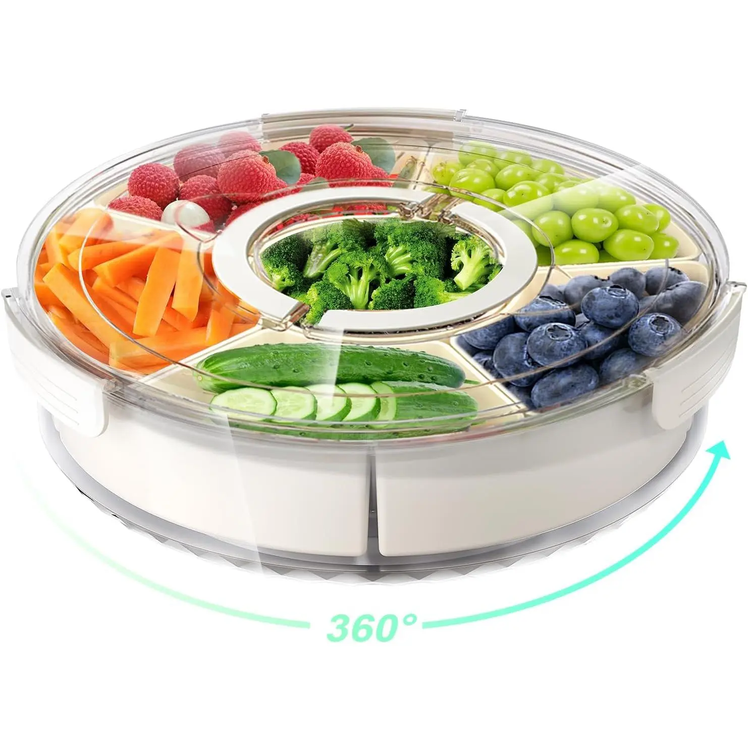 Divided Rotating Serving Tray with Lid and Handle, Portable Snackle Box for Fruits Snacks Veggie Charcuterie, Clear Lazy Susan Organizer and Fridge Storage Container for Adults Child (1PCS,12" L