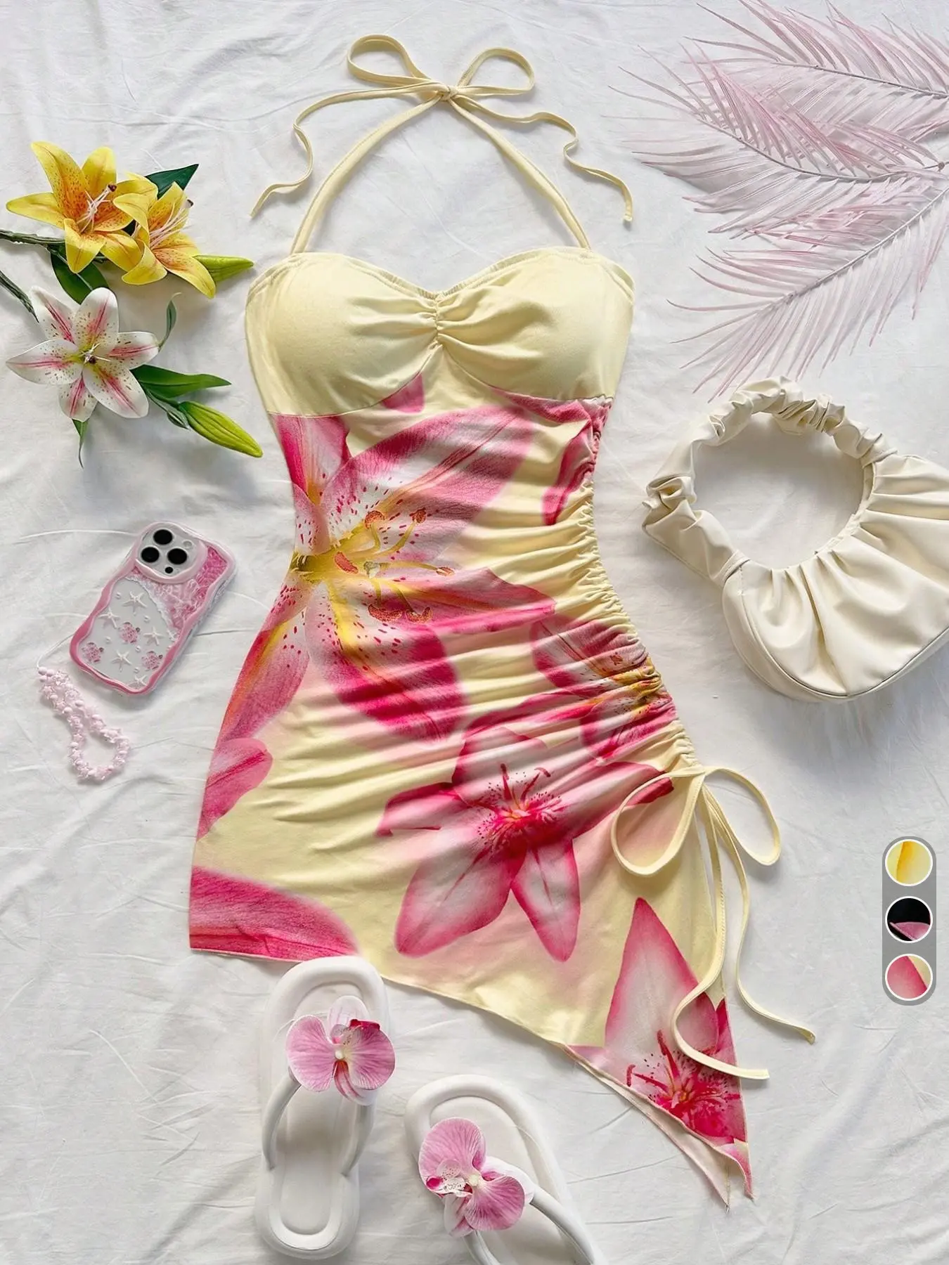 Women's Boho Printed Floral Lily Print Halter Neck Dress, Drawstring Side Ruched Design, Sweet Style Summer Wear, Perfect for Beach, Dates, Parties & Afternoon Tea, Casual Beach Sundress, Bohemian Sundresses