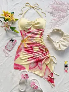 Women's Halter Neck Lily Print Dress, Drawstring Ruched Side Design, Sweet & Spicy Vacation Style, Perfect for Summer, Beach, Beach Dates, Summer Parties & Afternoon Tea