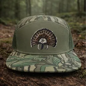 Hardwood Strutter Hi Rise Embroidery Trucker Hat, Bottomland Camo 7 Panel Snapback Cap, Outdoor Turkey Hunting Gift for Hunters