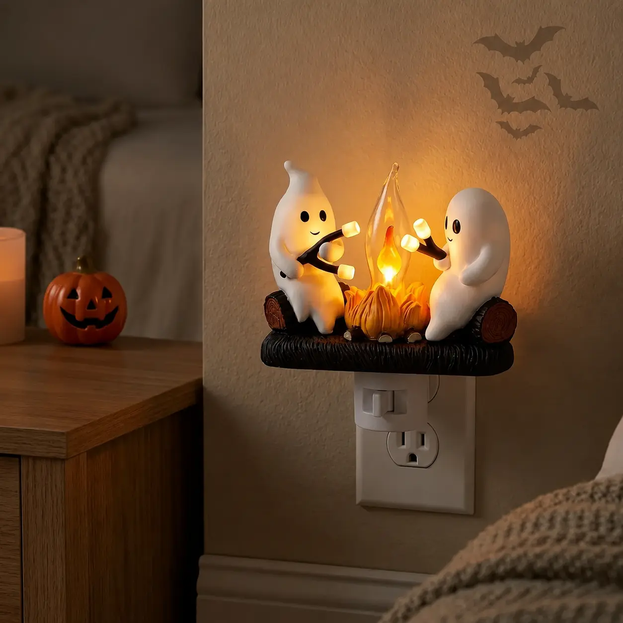Halloween Ghost Campfire Night Light,Plug In Wall Lamp with Flickering Flame Effect, 3D Halloween Ghost Fire Scene Decor, Cozy LED Nightlight for Bedroom, Living Room, Party, Kids Room & Holiday Gift
