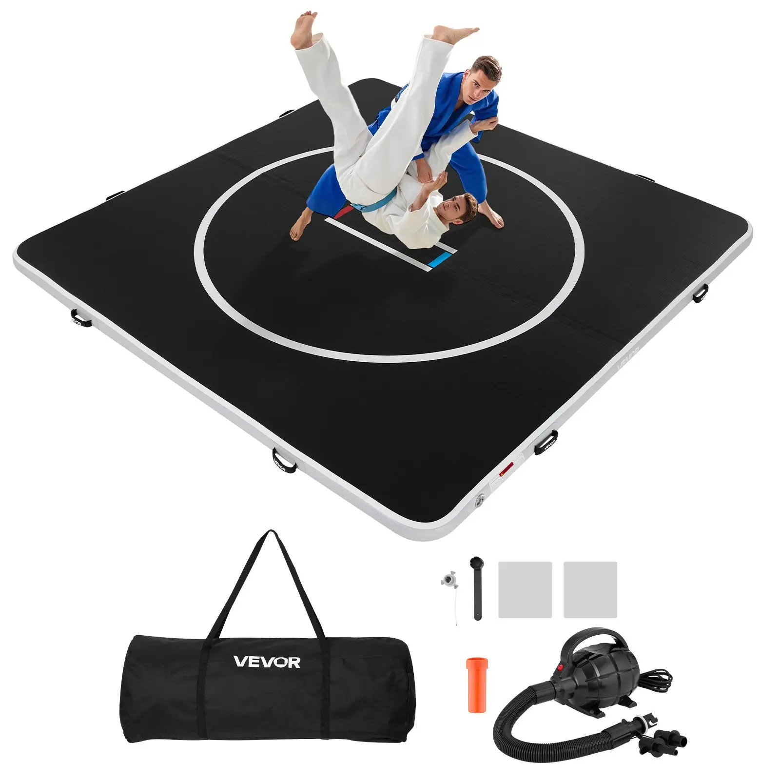 VEVOR 10x10 ft Wrestling Mat Inflatable, PVC Foldable Training Mats with Circles and 600W Air Pump, Martial Arts Thick Mat for Home Gym Exercise